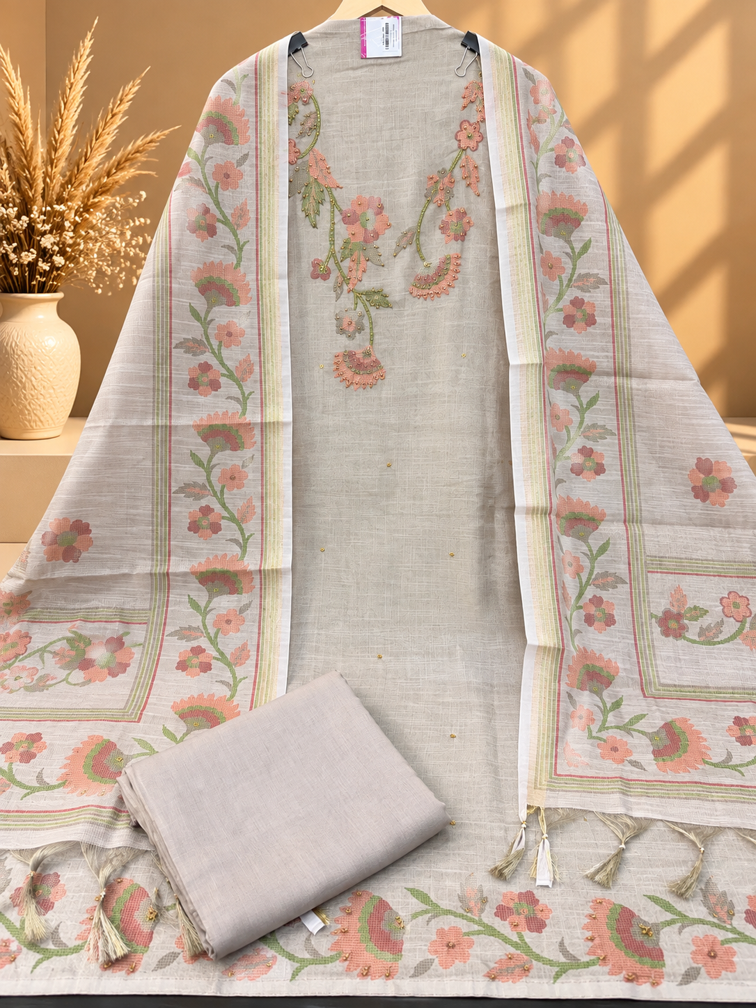 Grey Shimmer Linen Embroidered Suit | Floral Printed Designer Unstitched Suit with Dupatta
