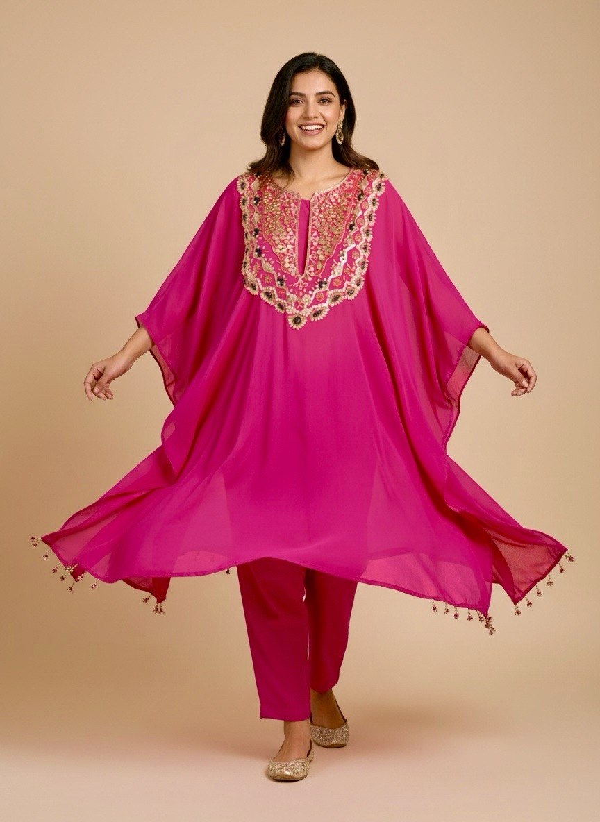 Pure Crepe Designer Kaftaan with Pants