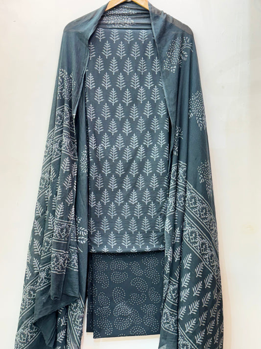 Jaipuri Hand Block Printed Suit with Mulmul Dupatta