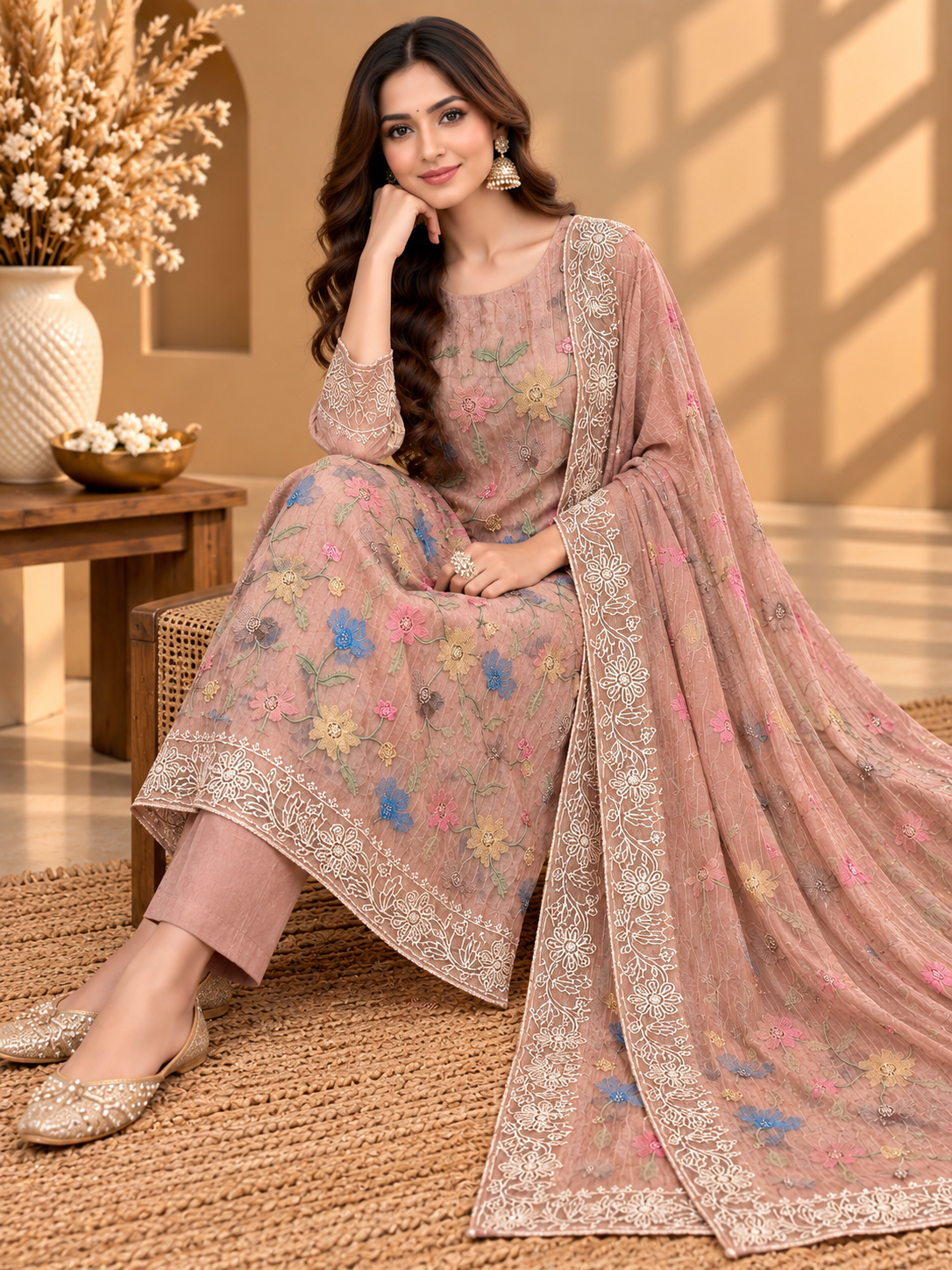 Premium Shimmer Tissue Suit with Multicolour Floral Embroidery & Designer Dupatta | Festive Wear for Women