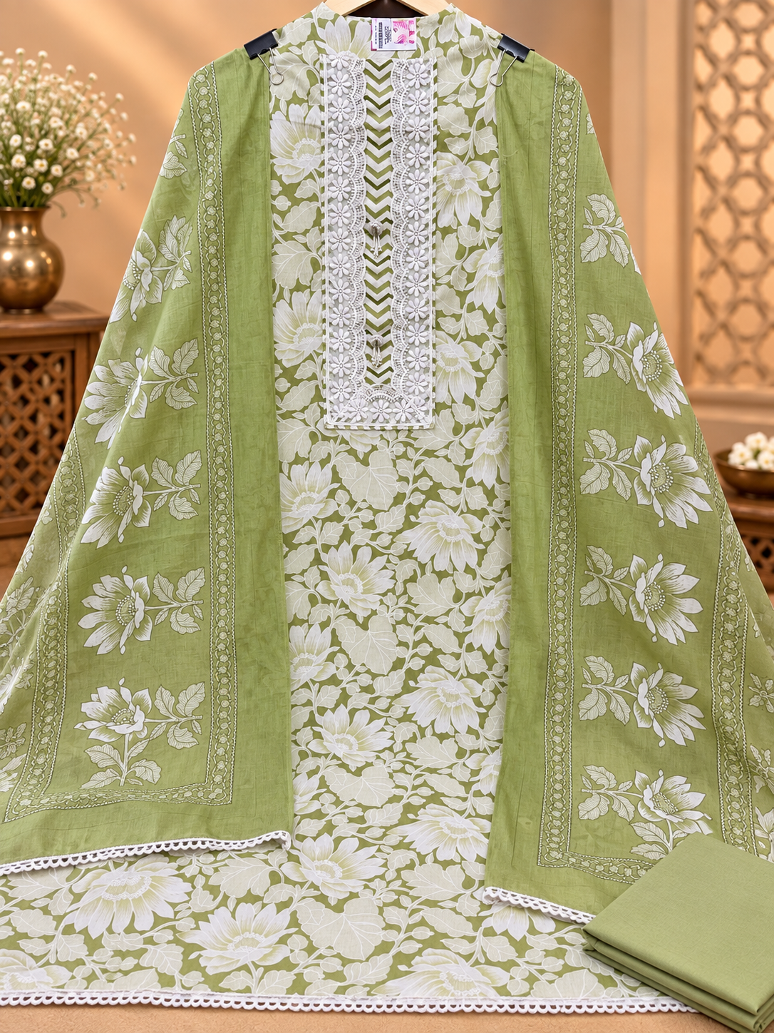 Premium Cotton Suit with Floral Print, Lace Detailing & Designer Dupatta | Elegant Cotton Suit for Women