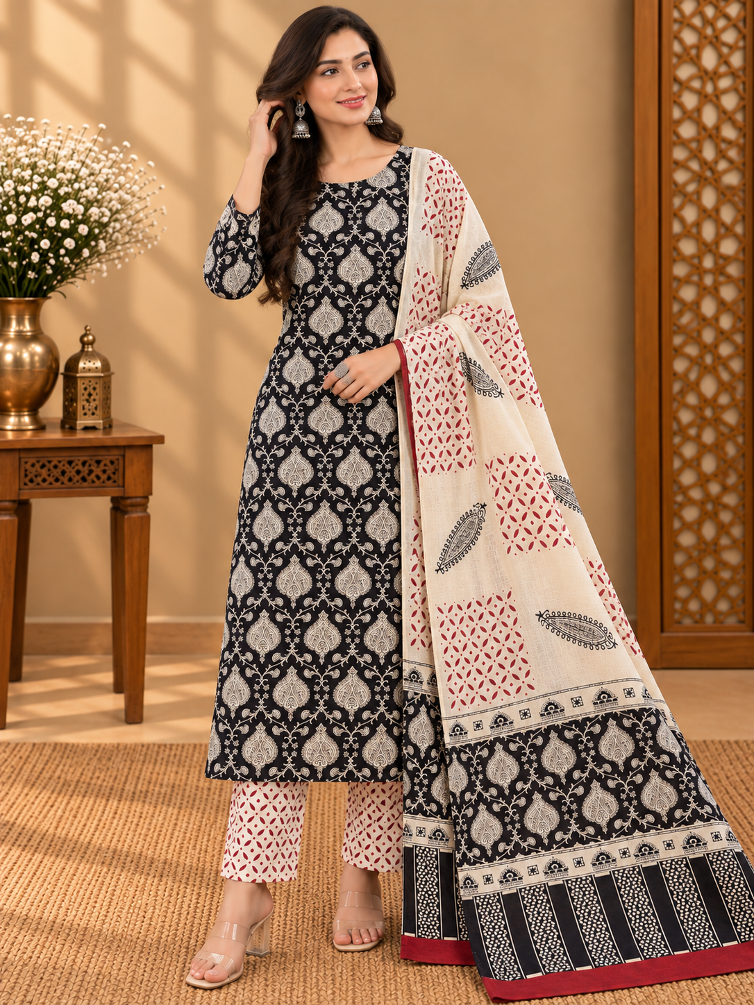 Black & White Printed Cotton Suit Set | Elegant Floral & Paisley Print Dress Material
