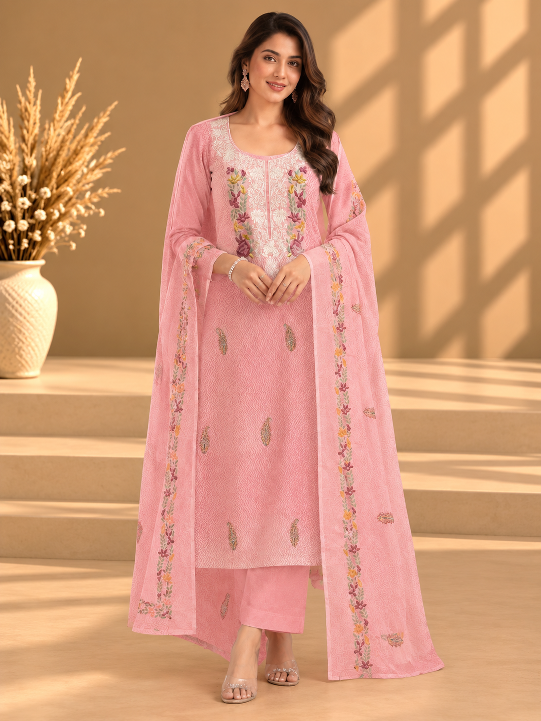Pink Floral Embroidered Unstitched Suit with Designer Neckline & Embroidery