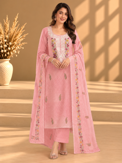 Pink Floral Embroidered Unstitched Suit with Designer Neckline & Embroidery