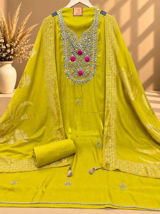 Lime Yellow Designer Unstitched Suit with Mirror Work & Floral Dupatta | Premium Ethnic Suit Set