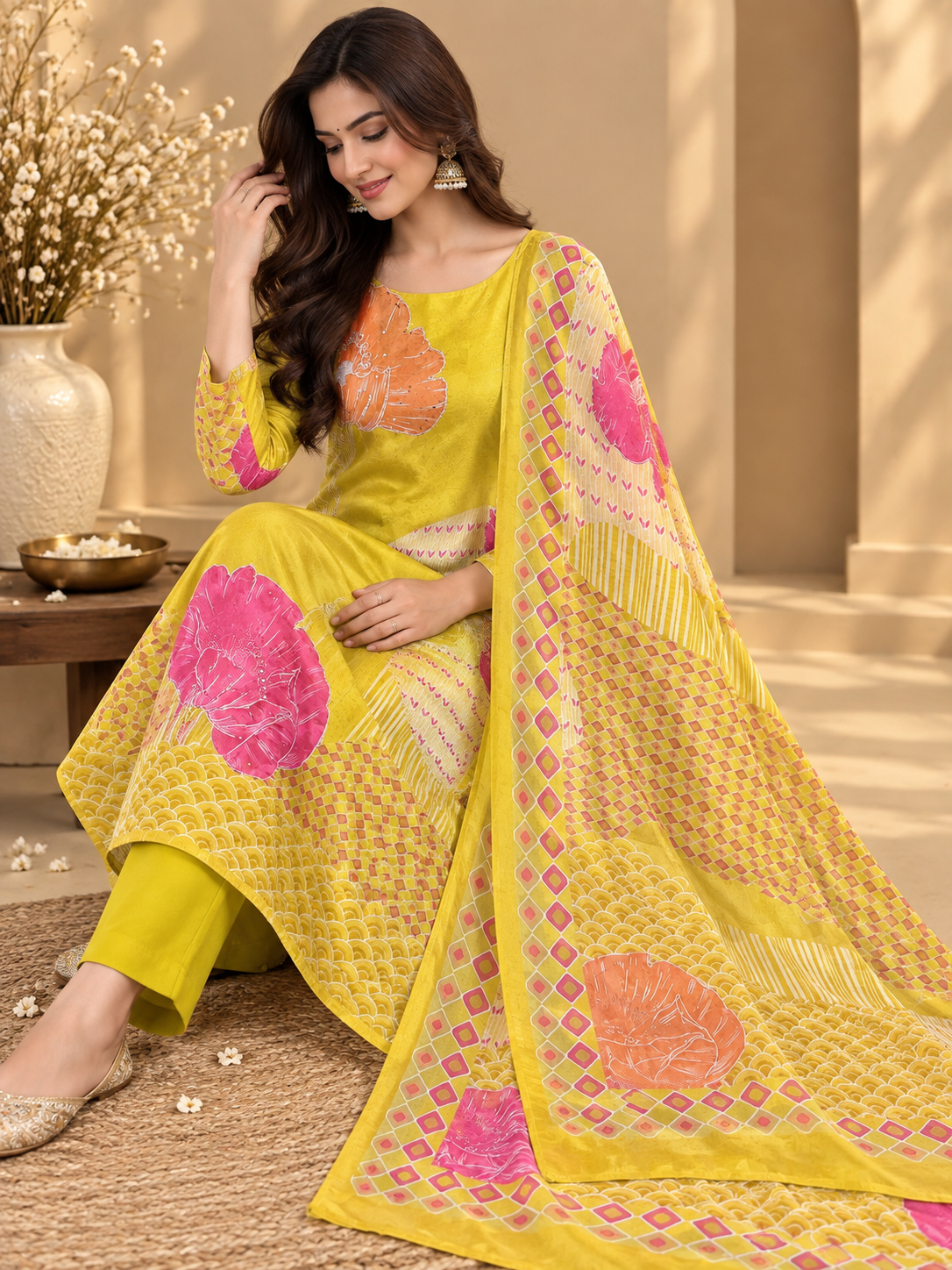 Yellow Shimmer Silk Digital Printed & Embroidered Unstitched Suit Set | Premium Designer Suit
