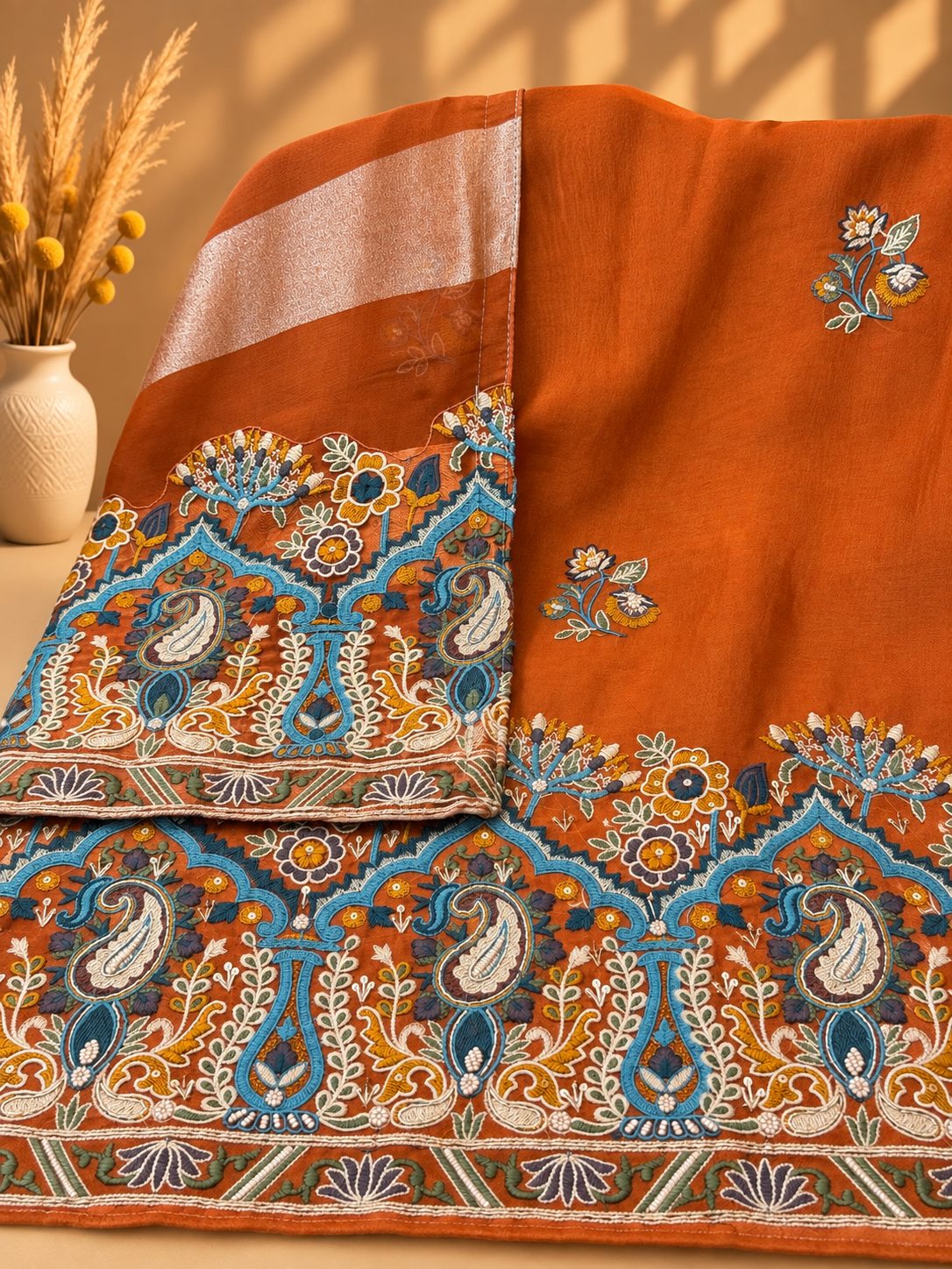 Rust Orange Printed Unstitched Suit in Pure Viscose Organza Silk | Designer Ethnic Wear for Women