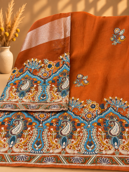 Rust Orange Printed Unstitched Suit in Pure Viscose Organza Silk | Designer Ethnic Wear for Women