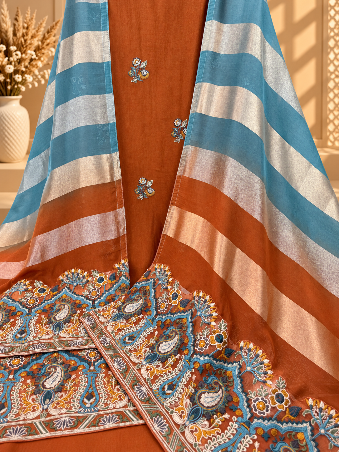 Rust Orange Printed Unstitched Suit in Pure Viscose Organza Silk | Designer Ethnic Wear for Women