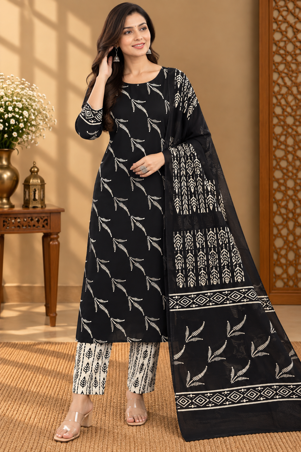Black & White Block Printed Cotton Suit Set | Traditional Floral & Geometric Print Dress Material