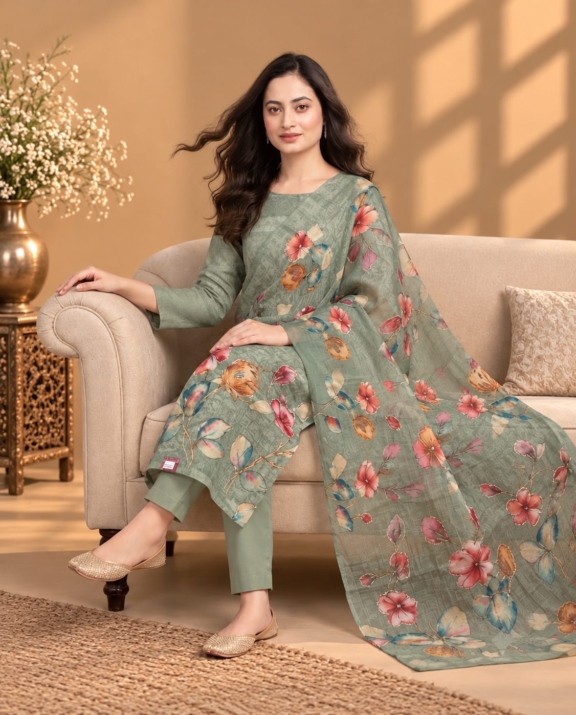 Sage Green Floral Printed Unstitched Suit for Women | Elegant Designer Ethnic Wear