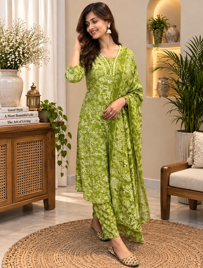 Green Readymade Cotton Suit Set for Women | Floral Printed Kurta with Dupatta