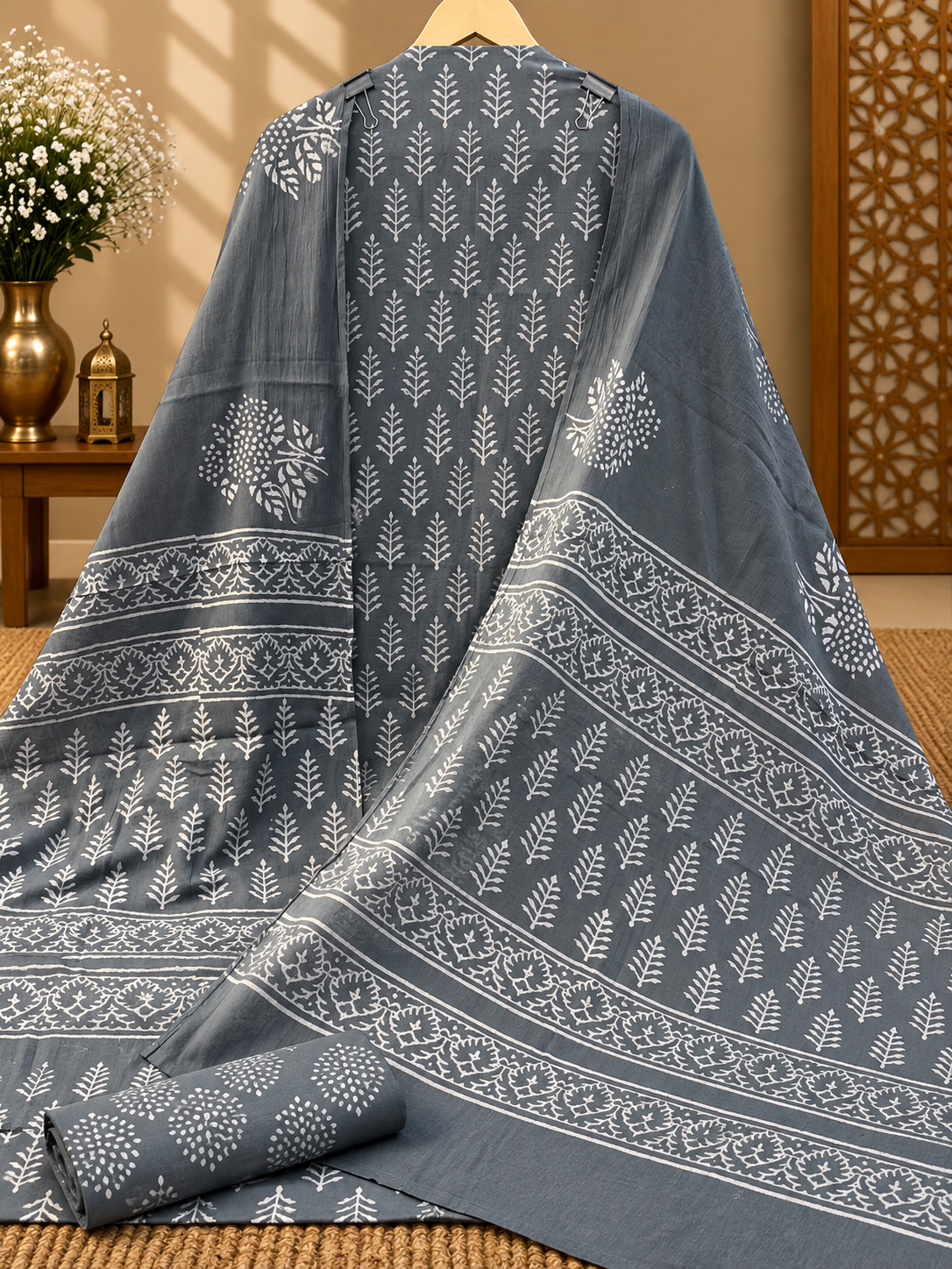 Jaipuri Block Printed Cotton Suit Set | Grey & White Hand Block Print Dress Material