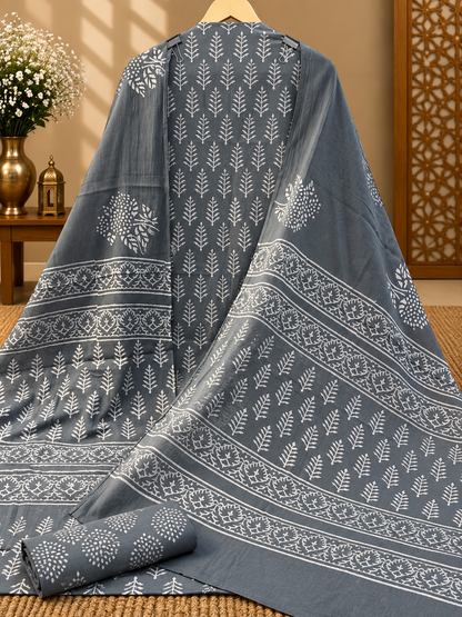 Jaipuri Block Printed Cotton Suit Set | Grey & White Hand Block Print Dress Material