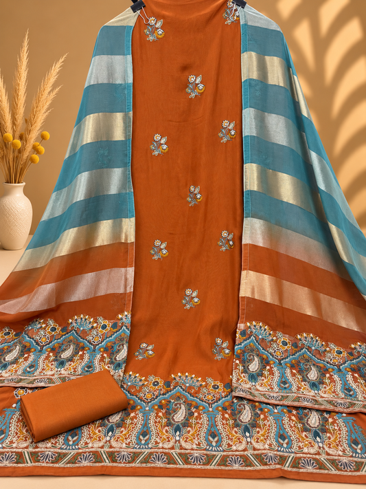 Rust Orange Printed Unstitched Suit in Pure Viscose Organza Silk | Designer Ethnic Wear for Women