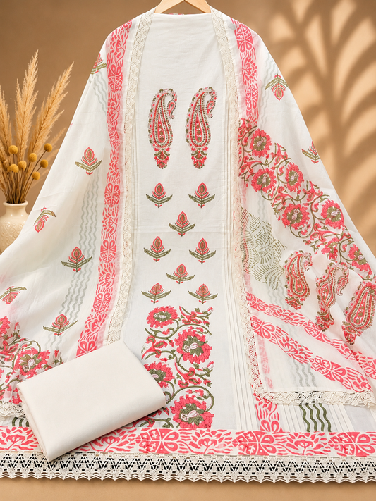 Block Print Linen Suit Set for Women | Hand Block Printed Floral & Peacock Design Unstitched Suit