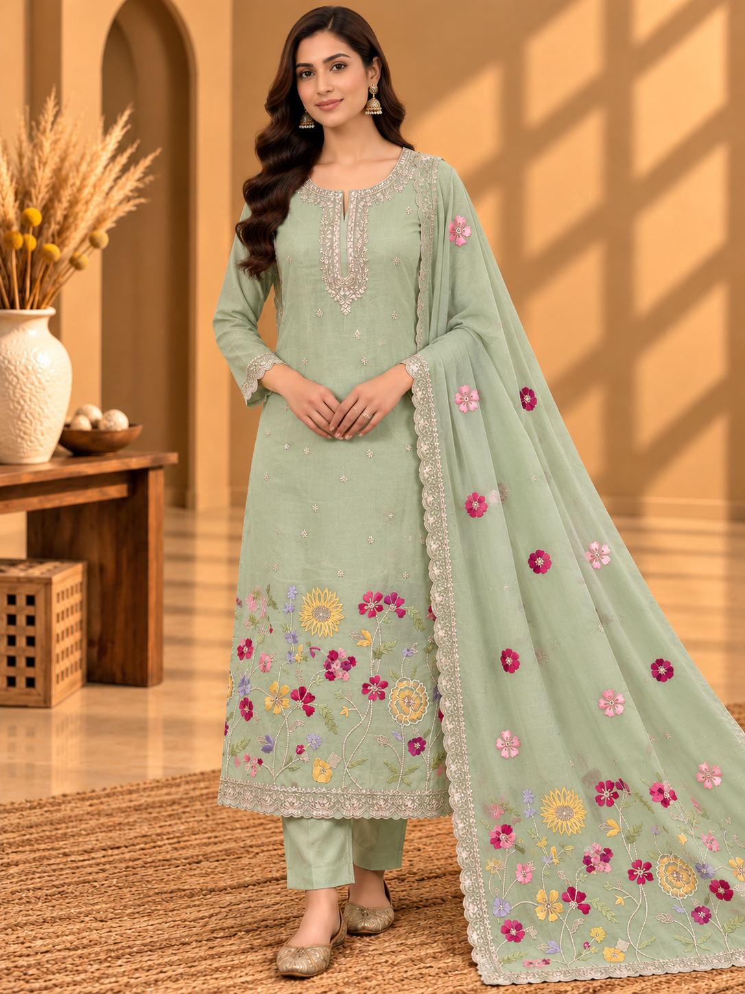 Mint Green Pure Mul Chanderi Resham Thread Embroidered Unstitched Suit | Premium Floral Designer Suit