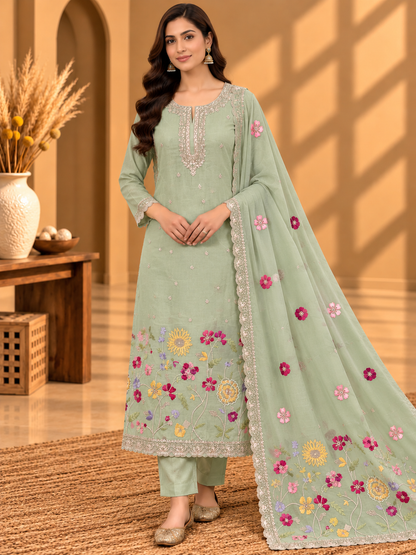 Mint Green Pure Mul Chanderi Resham Thread Embroidered Unstitched Suit | Premium Floral Designer Suit