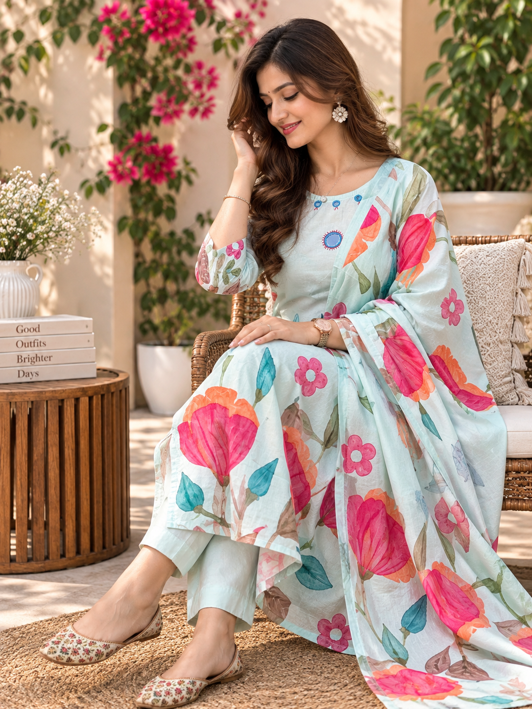 Printed Cotton Readymade Suit Set for Women | Floral Cotton Kurta with Dupatta