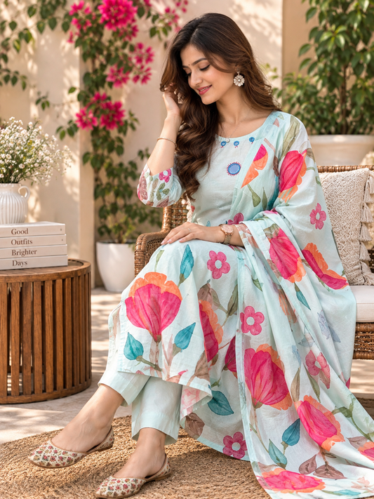 Printed Cotton Readymade Suit Set for Women | Floral Cotton Kurta with Dupatta