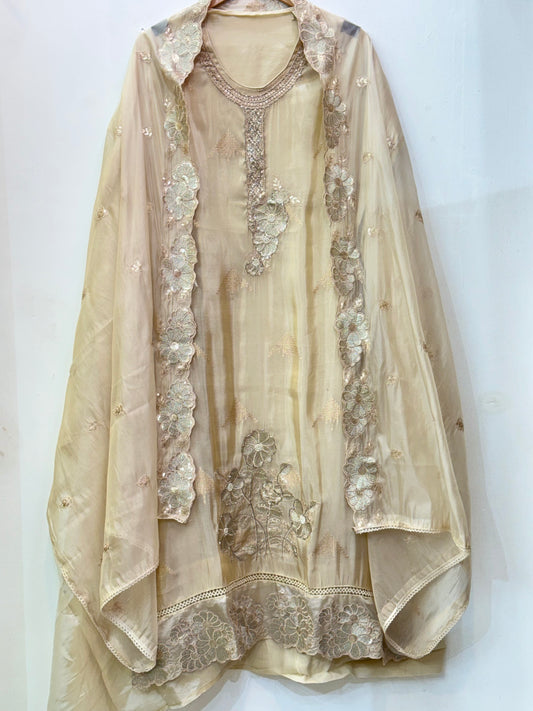 Beautiful Glass Silk Suit with Heavy Embroidery