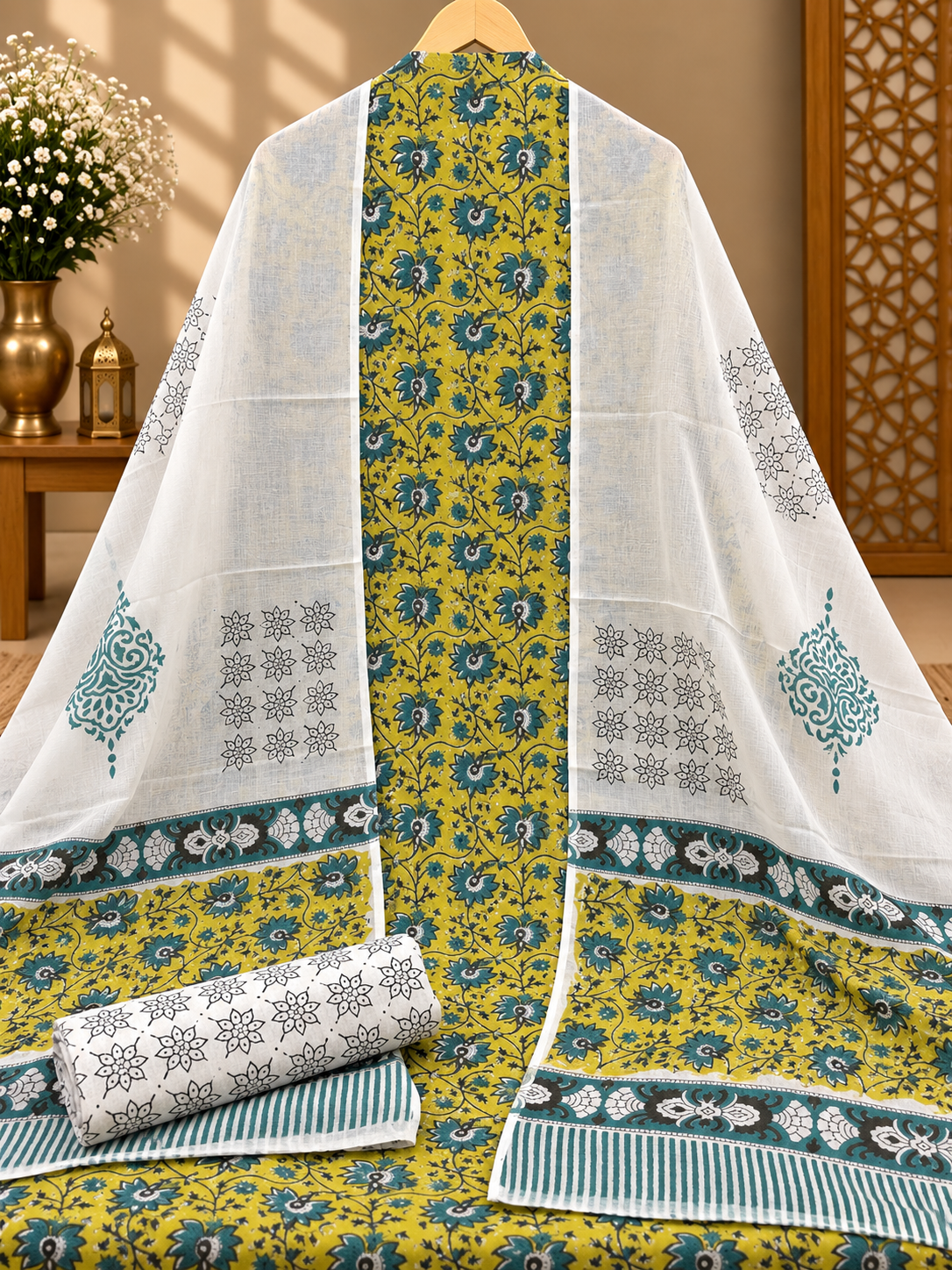 Jaipuri Block Printed Cotton Suit Set | Mustard Floral Print with Printed Dupatta