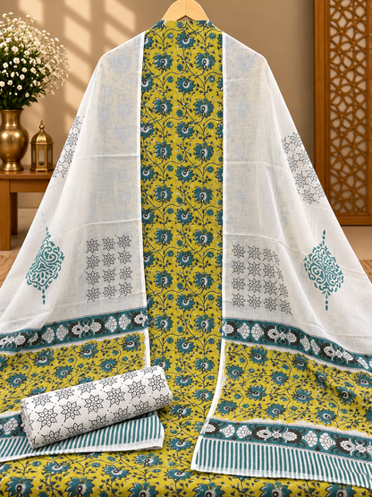 Jaipuri Block Printed Cotton Suit Set | Mustard Floral Print with Printed Dupatta