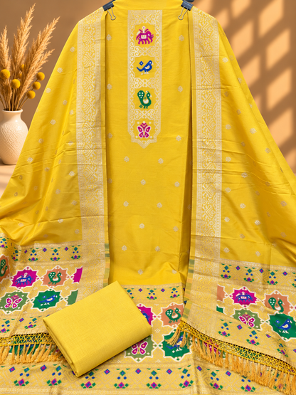 Yellow Satin Silk Unstitched Suit | Designer Ethnic Suit with Traditional Printed Dupatta