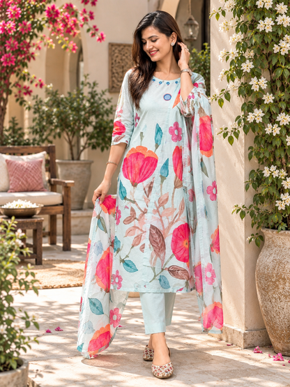 Printed Cotton Readymade Suit Set for Women | Floral Cotton Kurta with Dupatta