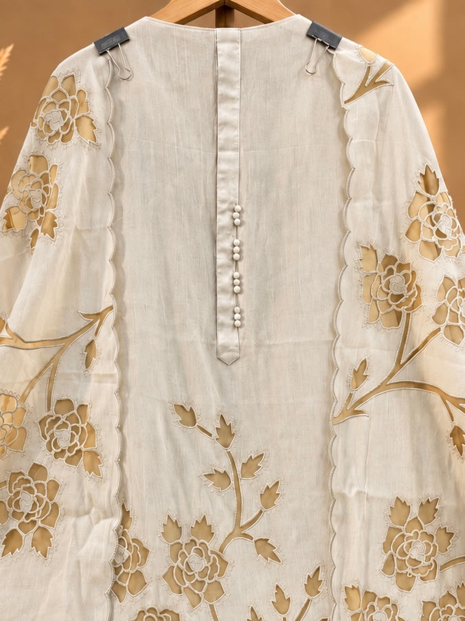 Ivory White Pure Mul Chanderi Designer Unstitched Suit with Floral Embroidery | Premium Ethnic Suit Set