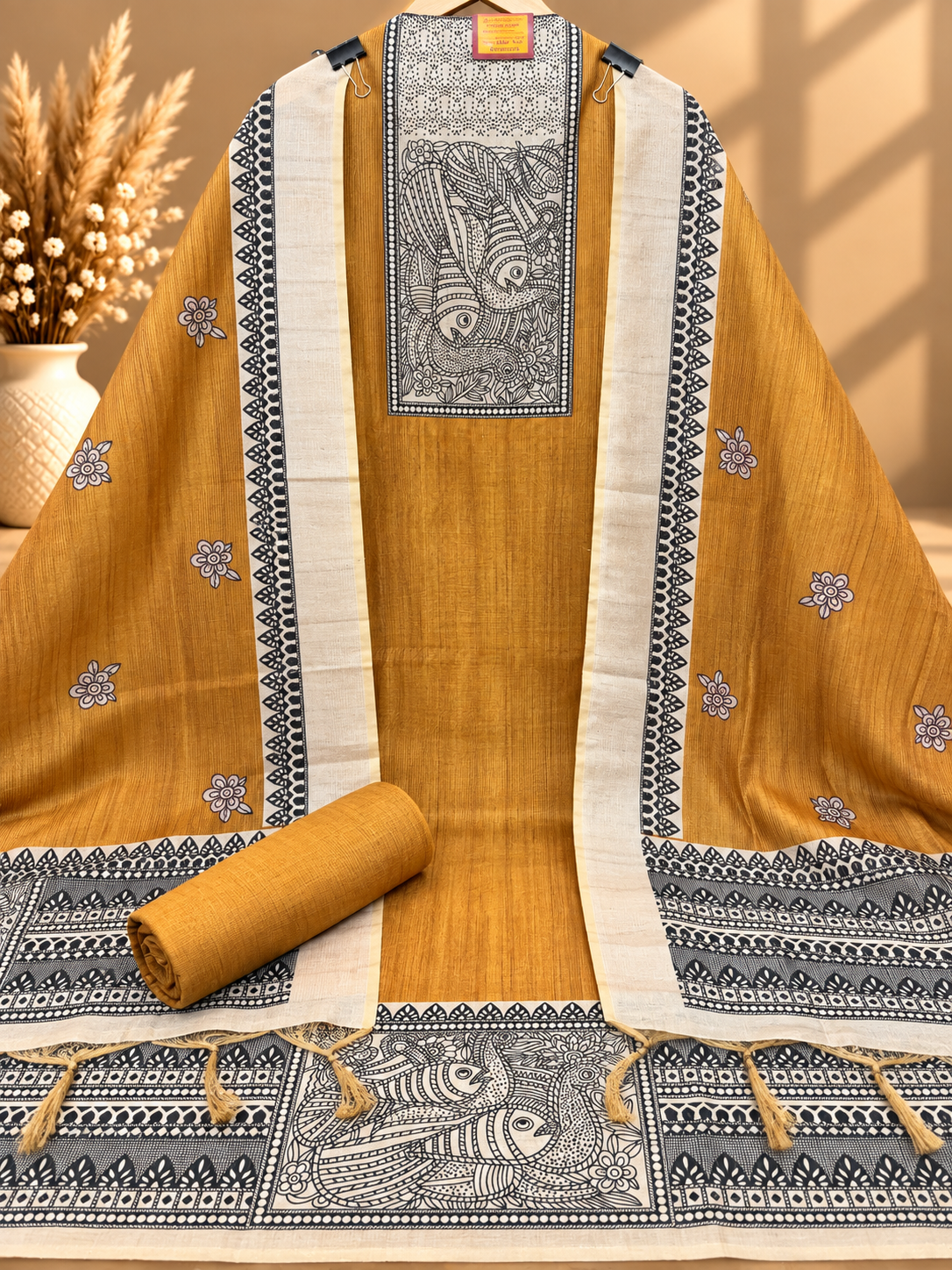 Mustard Silk Digital Printed Unstitched Suit with Madhubani Art Dupatta | Designer Ethnic Suit
