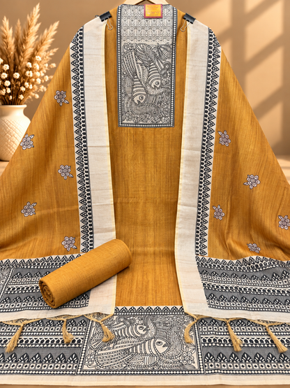 Mustard Silk Digital Printed Unstitched Suit with Madhubani Art Dupatta | Designer Ethnic Suit