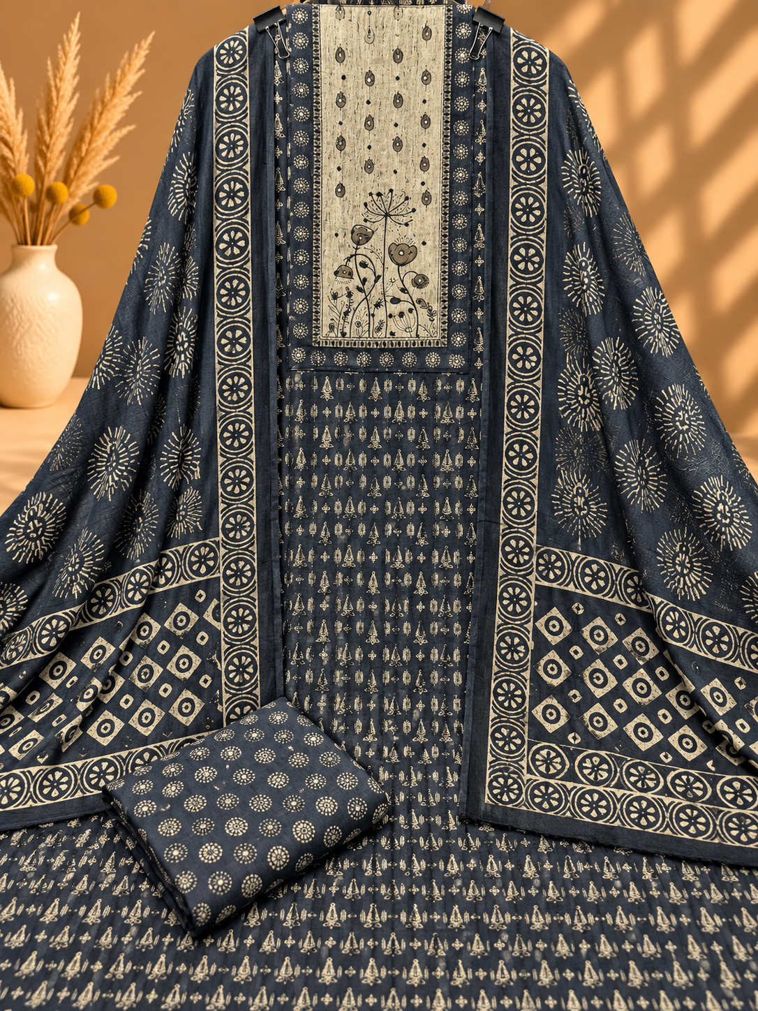 Navy Blue Cotton Printed Unstitched Suit | Traditional Block Print Designer Suit for Women