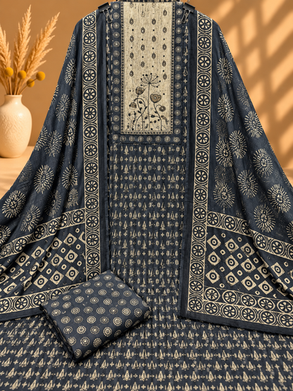 Navy Blue Cotton Printed Unstitched Suit | Traditional Block Print Designer Suit for Women