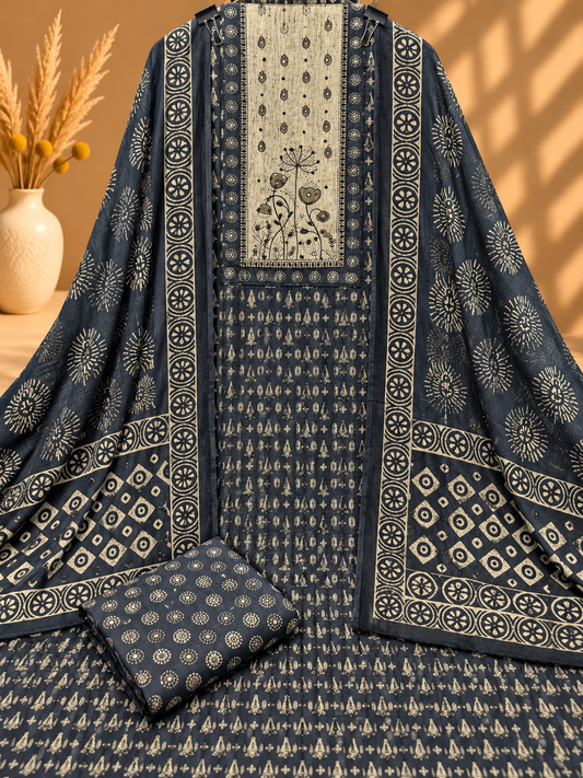 Navy Blue Cotton Printed Unstitched Suit | Traditional Block Print Designer Suit for Women