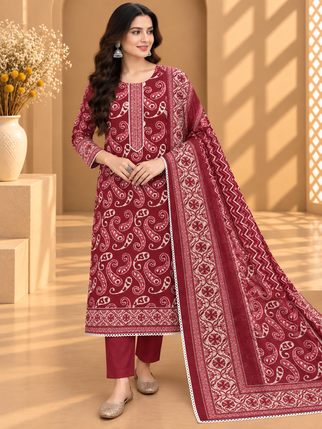 Maroon Jaipuri Cotton Printed Suit | Traditional Paisley Print Designer Unstitched Suit for Women