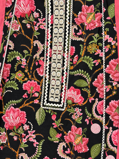 Pink & Black Cotton Digital Printed Unstitched Suit with Designer Dupatta | Floral Printed Cotton Suit Set