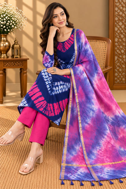 Navy Blue Shibori Print Suit with Kota Doria Dupatta | Handcrafted Ethnic Suit Set