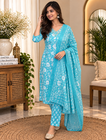 Sky Blue Readymade Cotton Suit Set for Women | Floral Printed Kurta with Dupatta