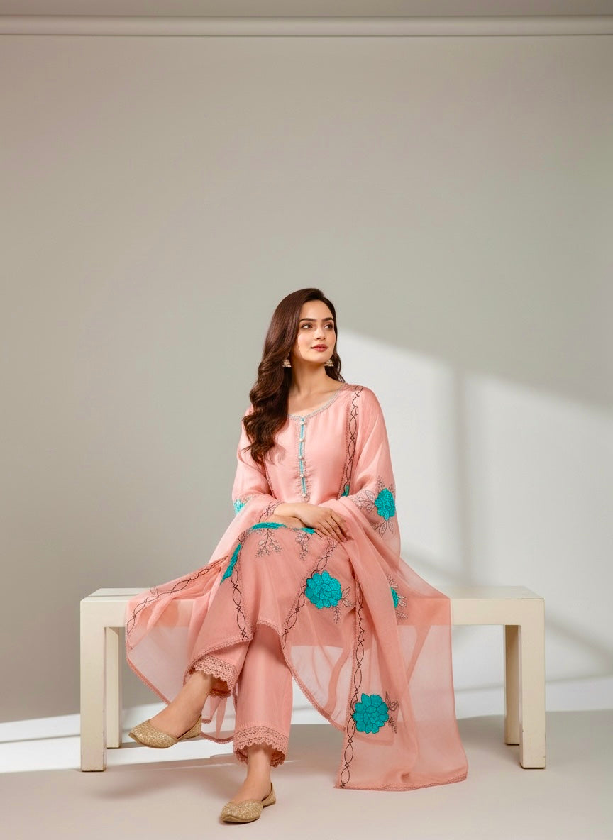 Peach Organza Silk Designer Unstitched Suit with Floral Embroidery & Dupatta | Premium Ethnic Suit Set