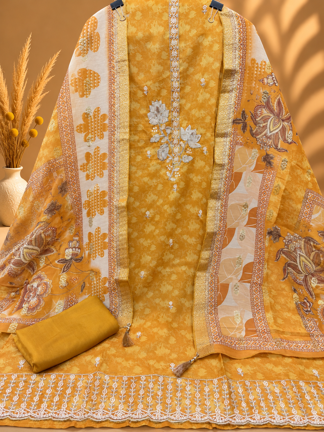 Mustard Yellow Floral Printed Embroidered Unstitched Suit for Women | Designer Ethnic Wear