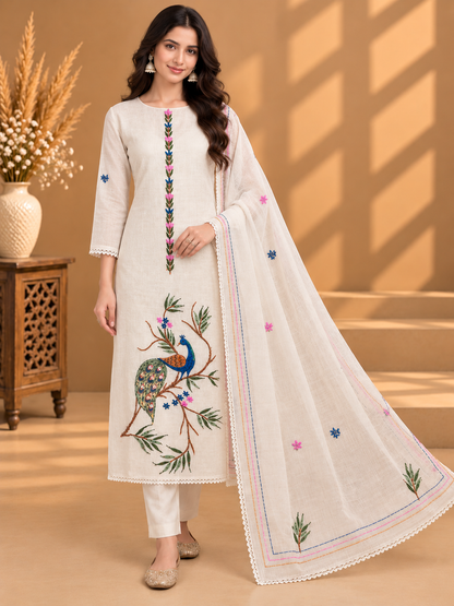 White Kota Doria Hand Painted Peacock Suit for Women | Designer Unstitched Suit