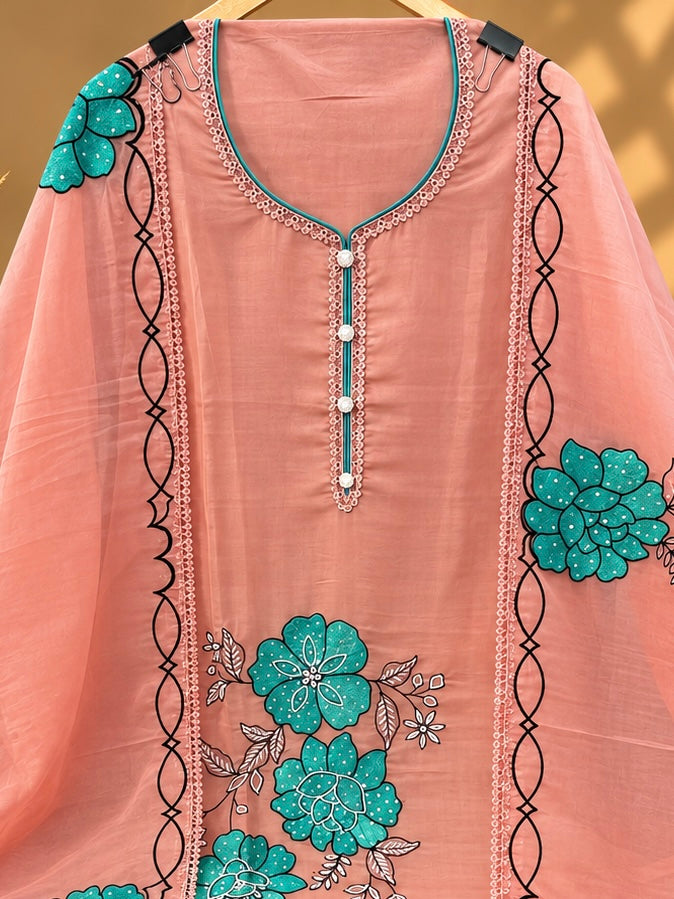 Peach Organza Silk Designer Unstitched Suit with Floral Embroidery & Dupatta | Premium Ethnic Suit Set
