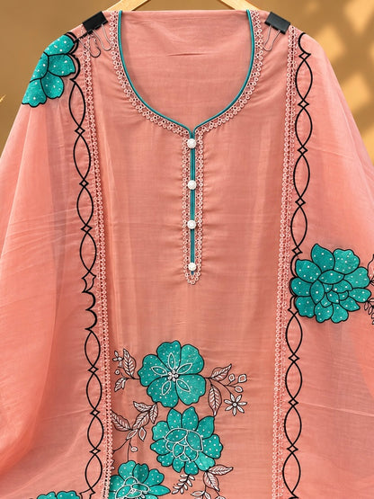 Peach Organza Silk Designer Unstitched Suit with Floral Embroidery & Dupatta | Premium Ethnic Suit Set