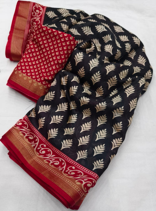Black ajrakh printed soft cotton crepe silk saree