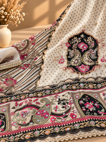 Off White Digital Printed Unstitched Suit with Designer Floral & Paisley Dupatta | Premium Ethnic Suit Set
