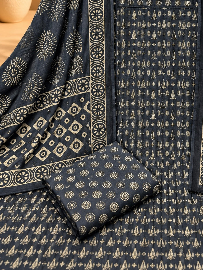 Navy Blue Cotton Printed Unstitched Suit | Traditional Block Print Designer Suit for Women