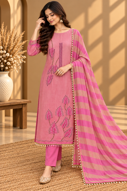 Pink Designer Unstitched Suit with Embroidered Floral Work & Striped Dupatta | Premium Ethnic Suit Set