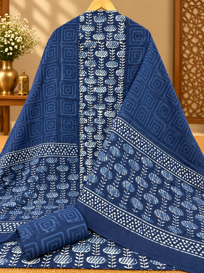 Premium Indigo Hand Block Printed Cotton Suit Set | Traditional Blue & White Floral Print Suit for Women