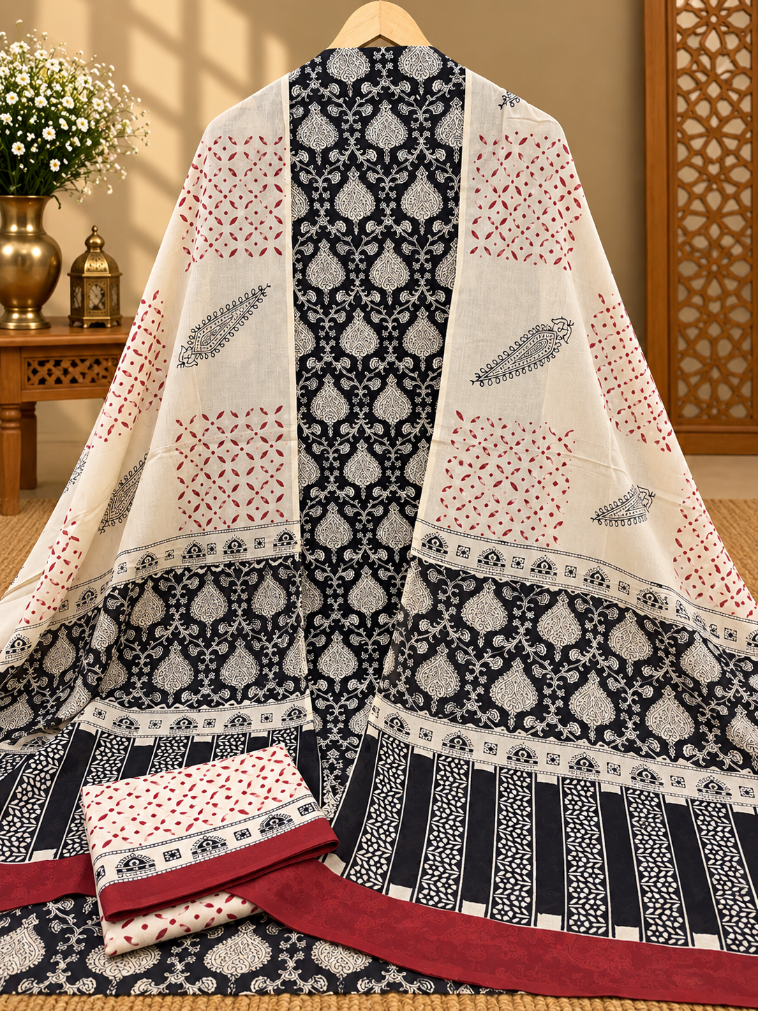 Black & White Printed Cotton Suit Set | Elegant Floral & Paisley Print Dress Material